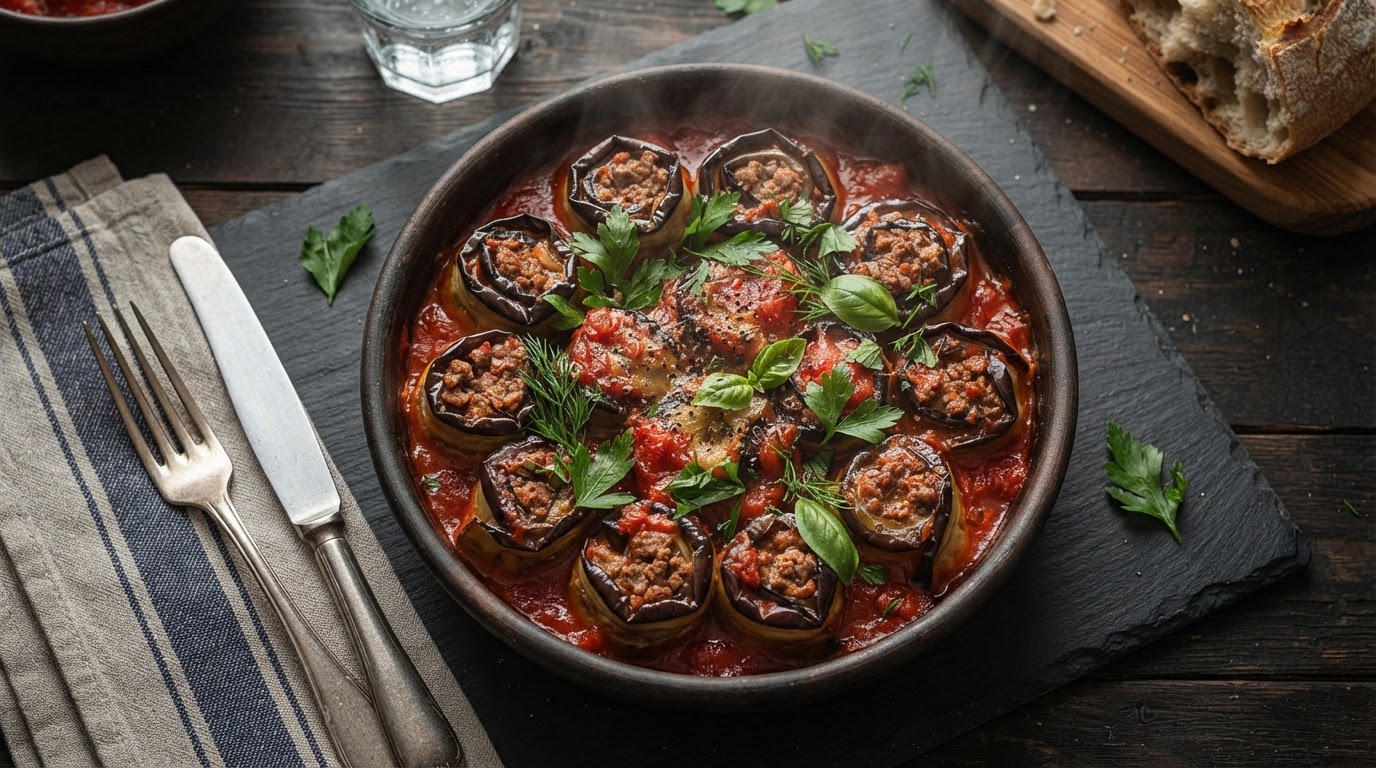 Баклажанные «рулетики-футляры» с мясным фаршем и томатным соусом