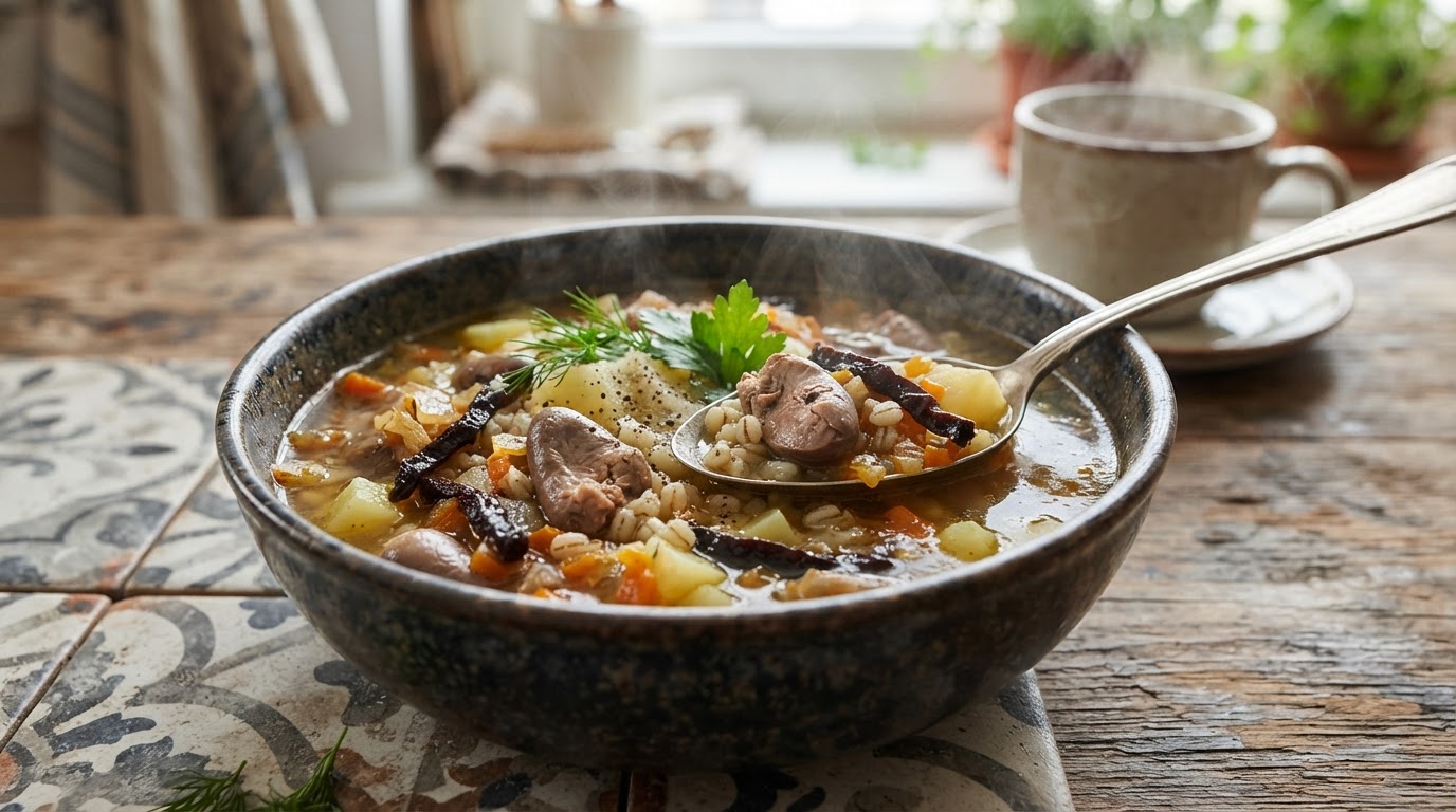 Перловый «Жемчужный» суп с куриными сердечками и черносливом