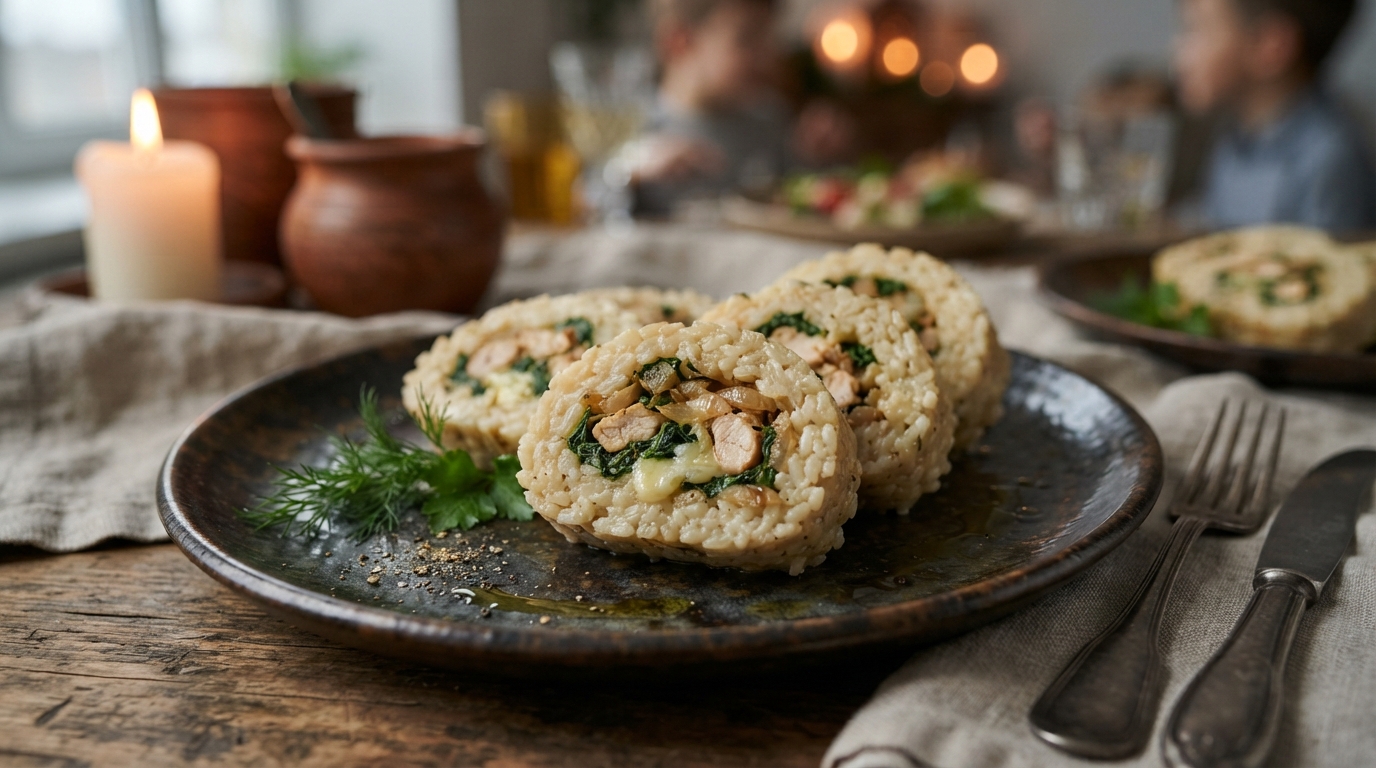Ризотто-рулет «Лесная поляна» с курицей и шпинатом