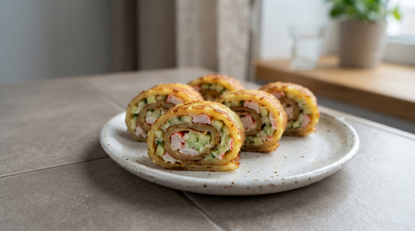 Картофельные «роллы» с крабовым мясом и огурцом