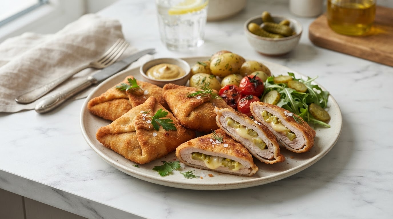 Мясные «шницель-кармашки» с плавленым сыром и корнишонами