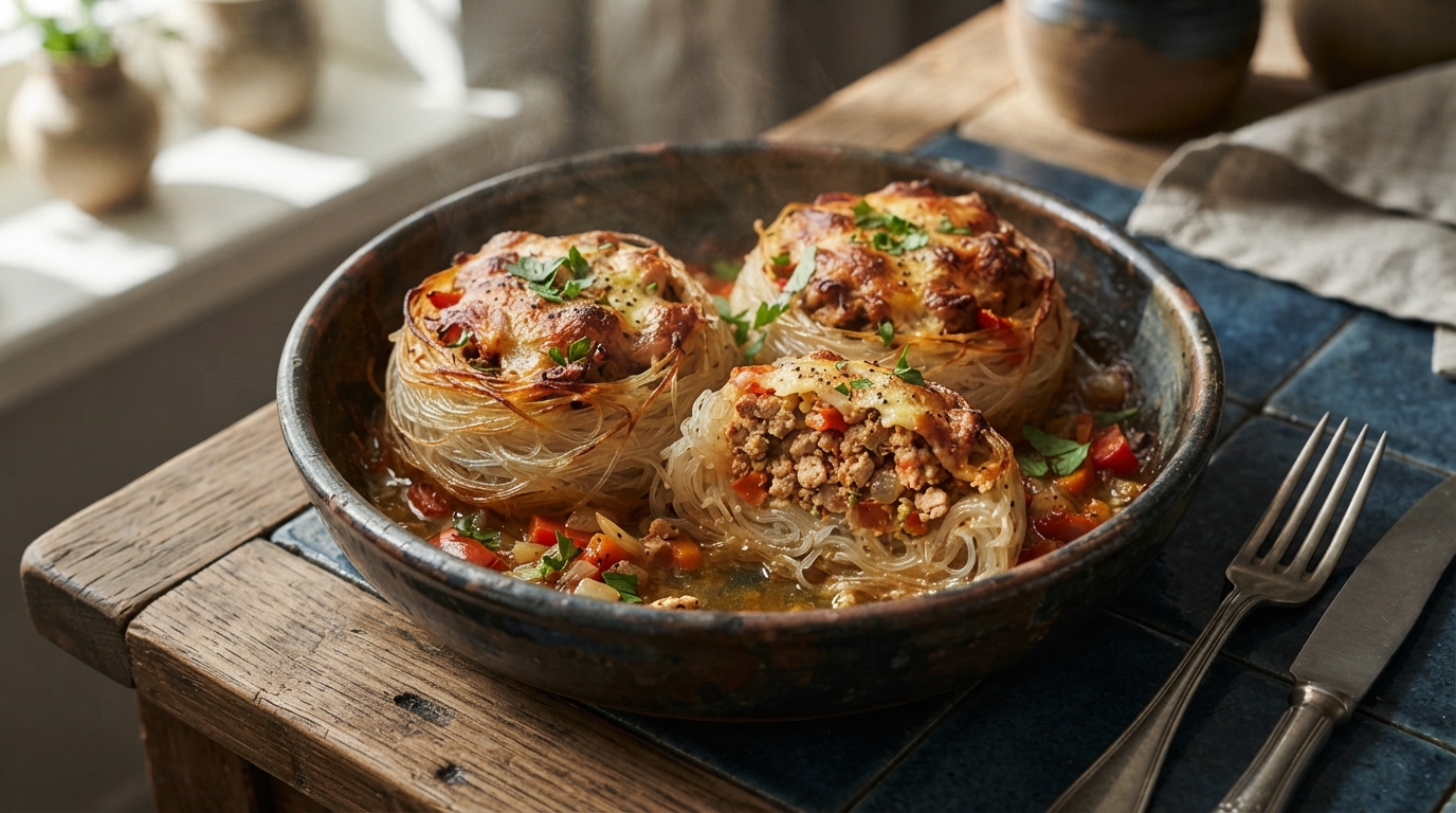 Мясные «гнезда» из фунчозы с курицей и овощами