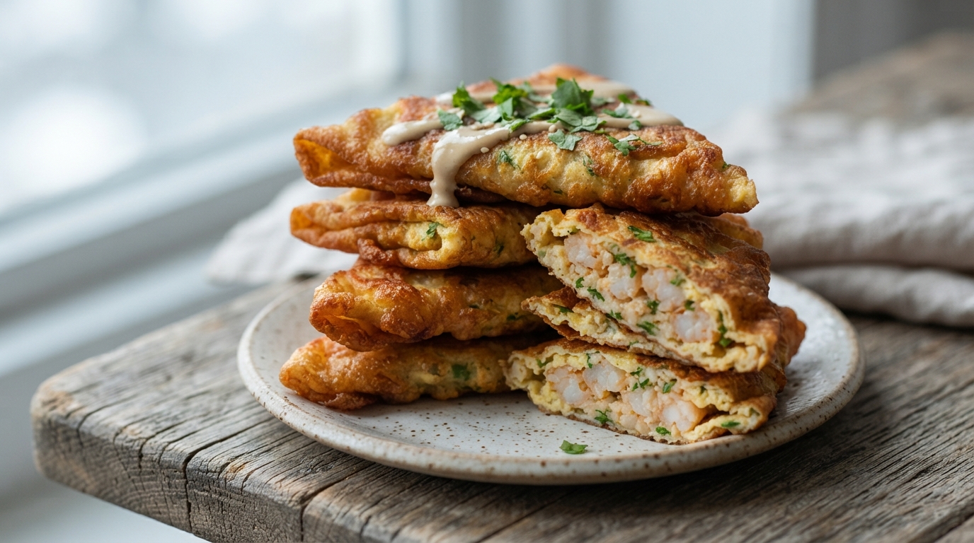 Креветочные «блинчики-конверты» с кунжутной пастой
