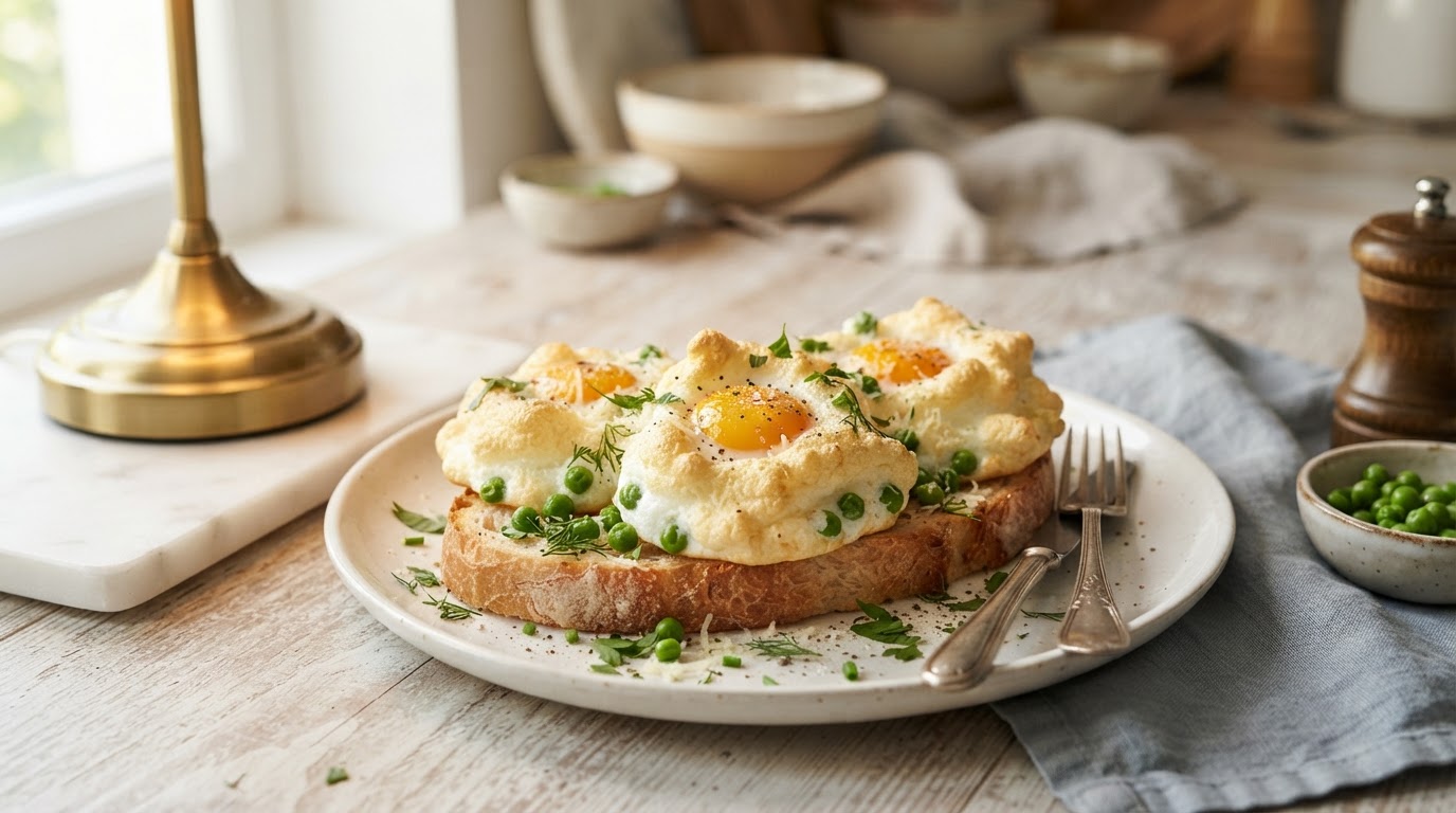 Яичные «Облака» с зеленым горошком и пармезаном