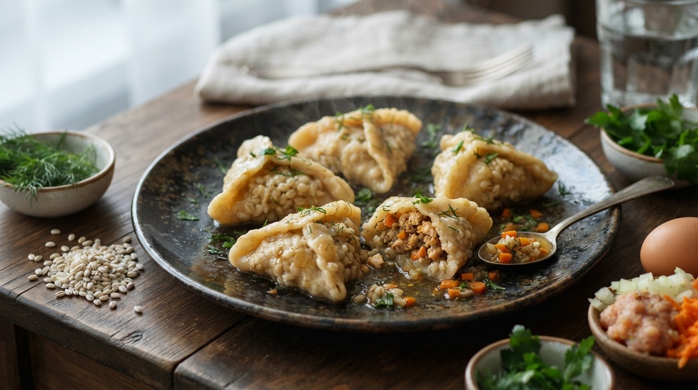 Ризотто-рулетики из перловки с куриным фаршем