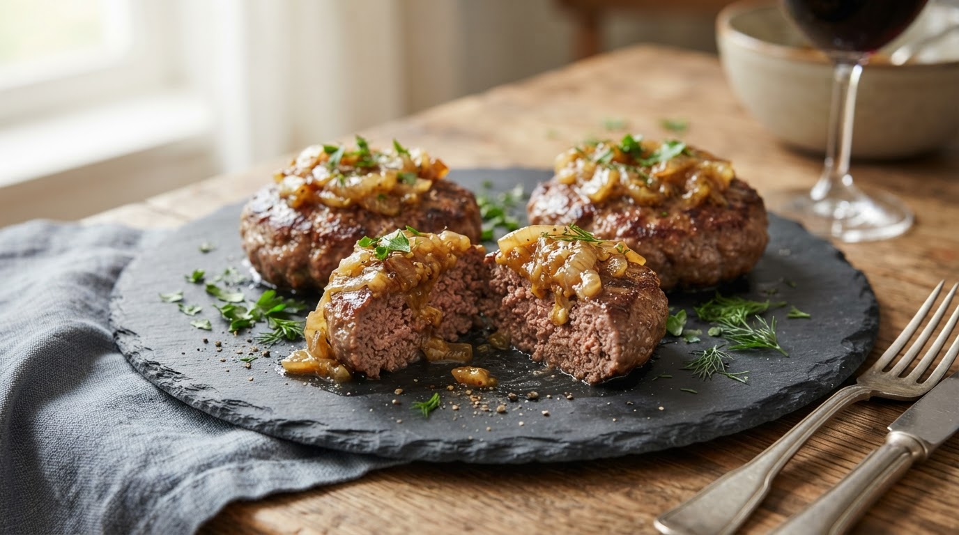 Мясные «Стейки» из фарша с карамелизированным луком и горчичной глазурью