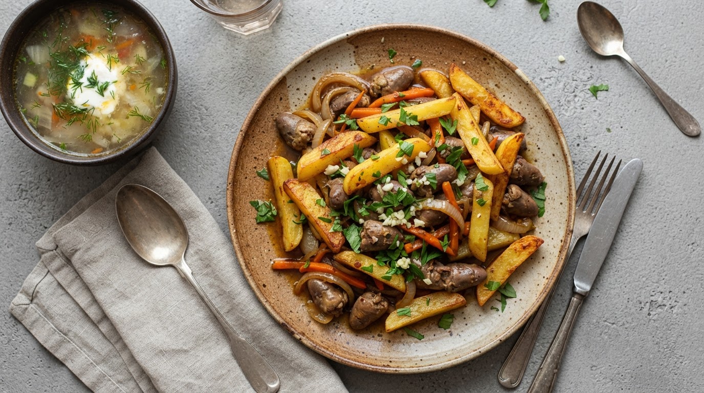 Картофельные «Столбики» с куриными сердечками в казане