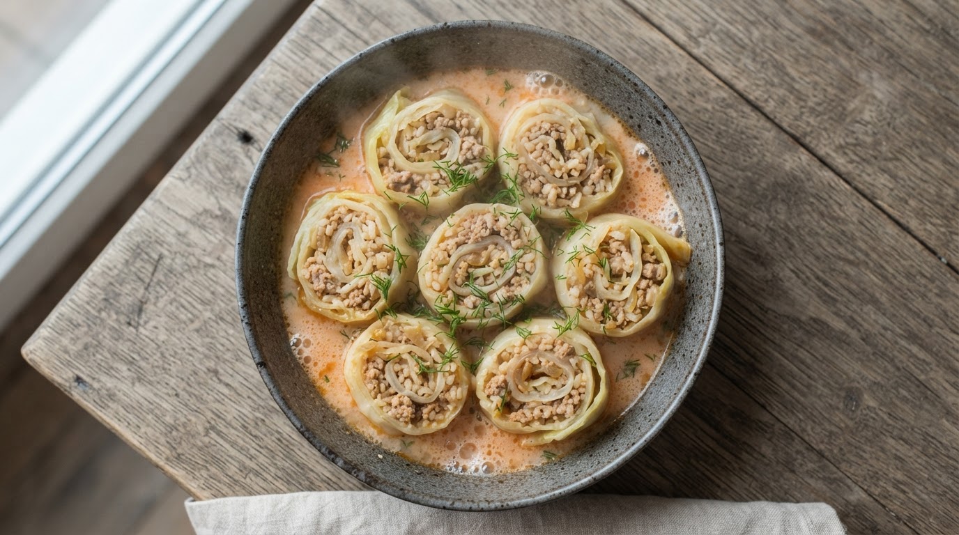 Капустные «Свитки» с мясным фаршем и рисом в духовке