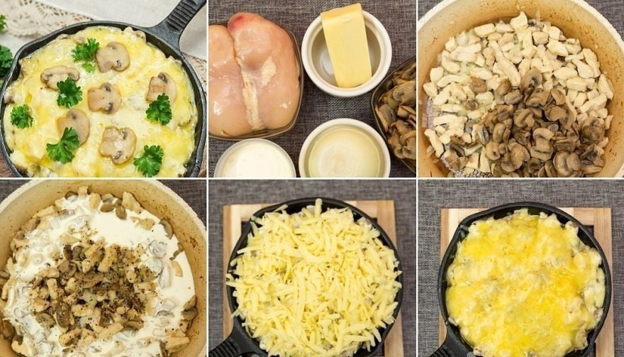 Жюльен с курицей и грибами на сковороде