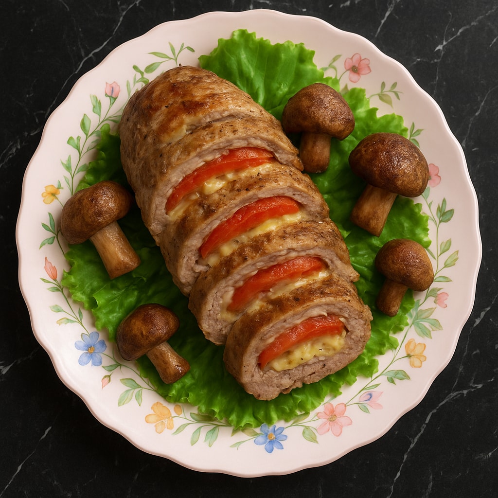 Свинина, запеченная гармошкой, с картофельными грибочками
