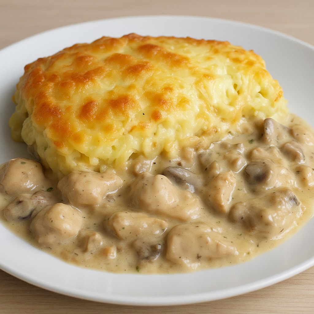 Курица с грибами, запеченная под картофельно-сырной шубой