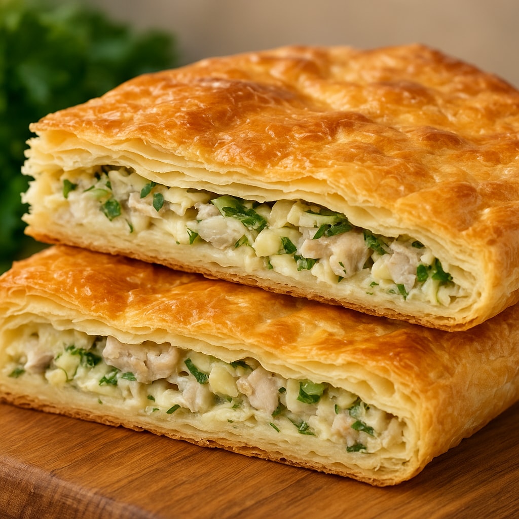 Сочный пирог с курицей из слоеного теста