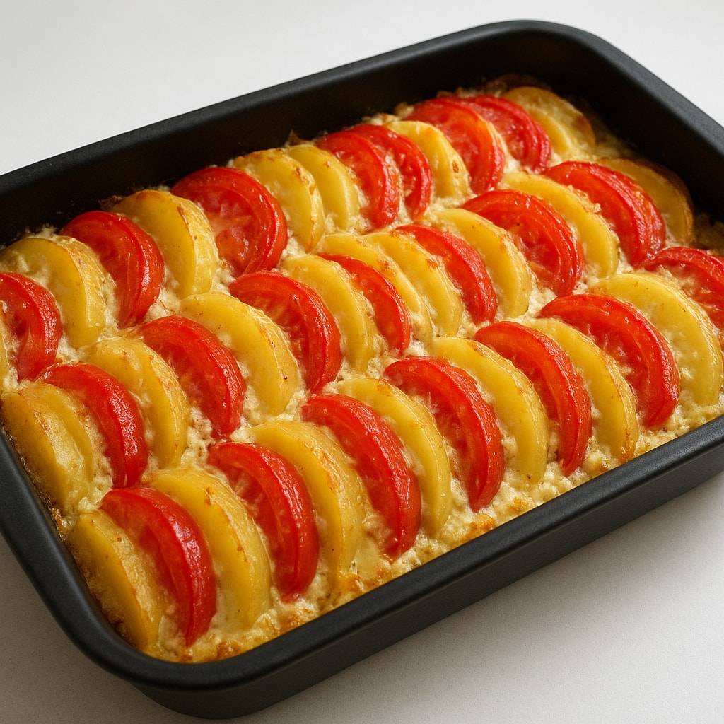 Кусочки картофеля, запеченные с помидорами и базиликом