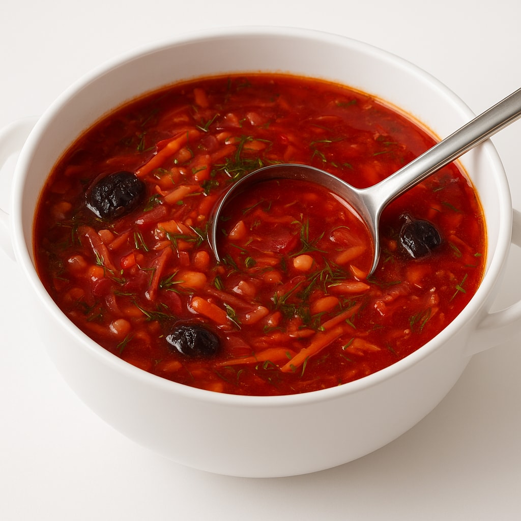 Борщ с черносливом, фасолью и копченой грудинкой