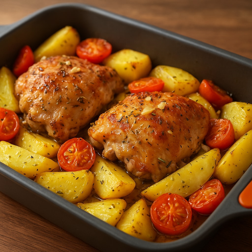 Курица с картофелем, запеченная в кефире с чесноком и травами