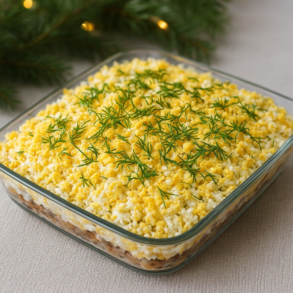 Слоеный салат с курицей и шампиньонами