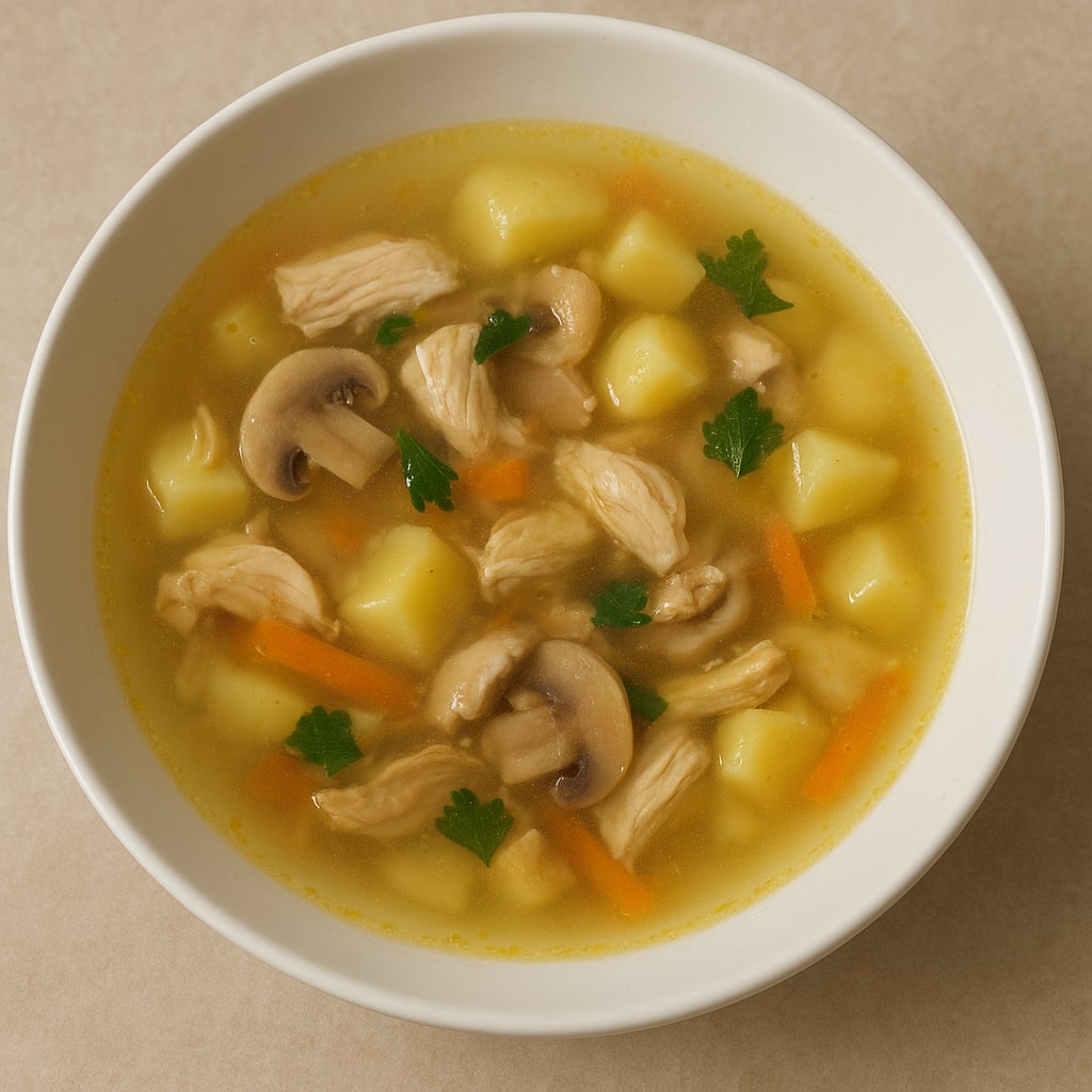 Куриный суп с грибами шампиньонами и зеленью