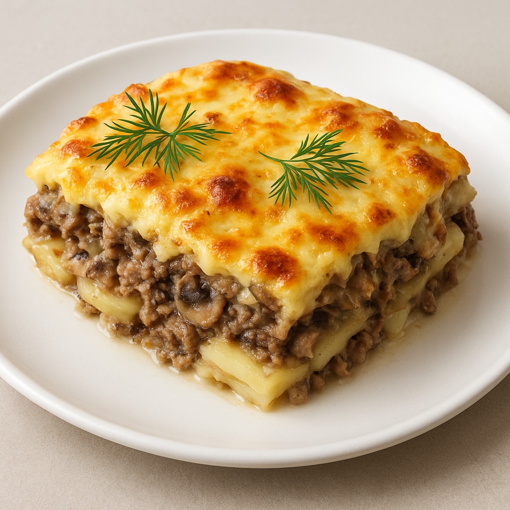 Мясо по-французски с картофелем, помидорами и сыром