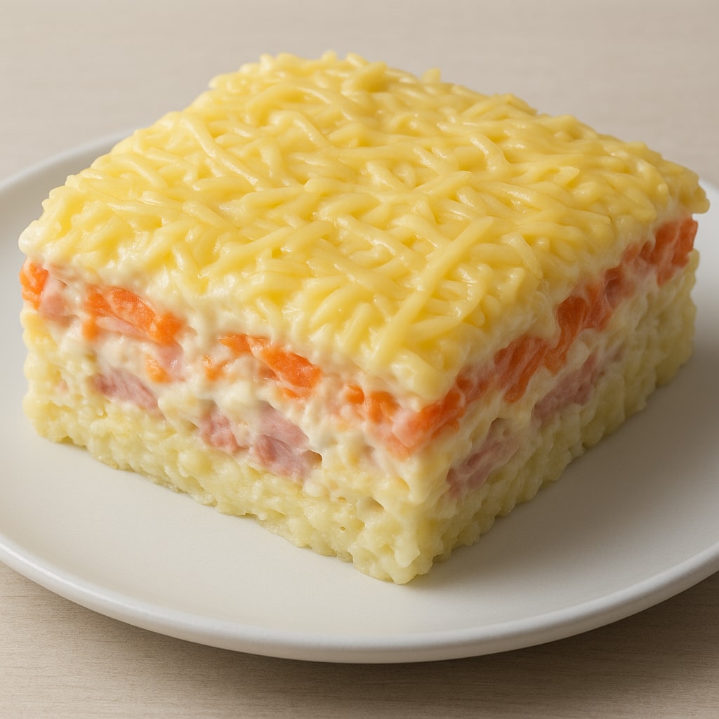 Слоеный салат с грибами и ветчиной
