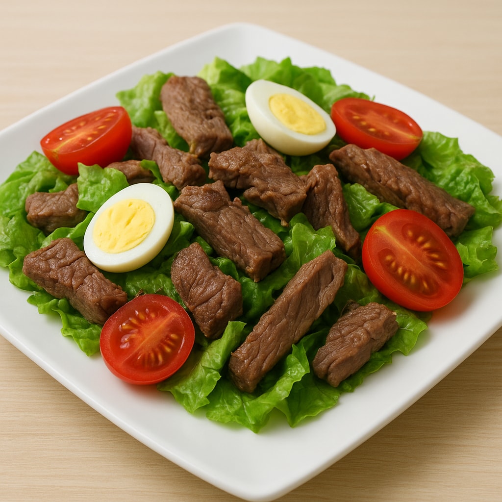 Салат с говядиной, помидорами и яйцом