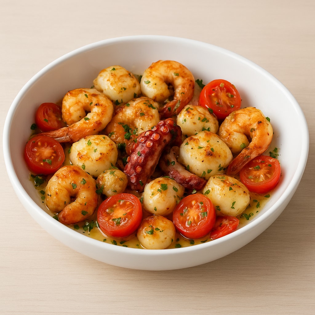 Жареные морепродукты с чесноком и томатами