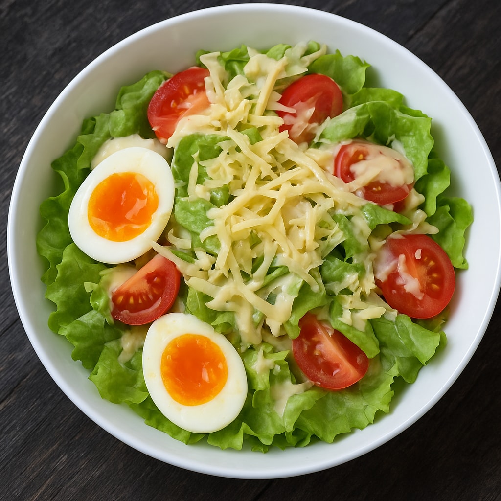 Свежий зеленый салат с курицей, овощами и сыром