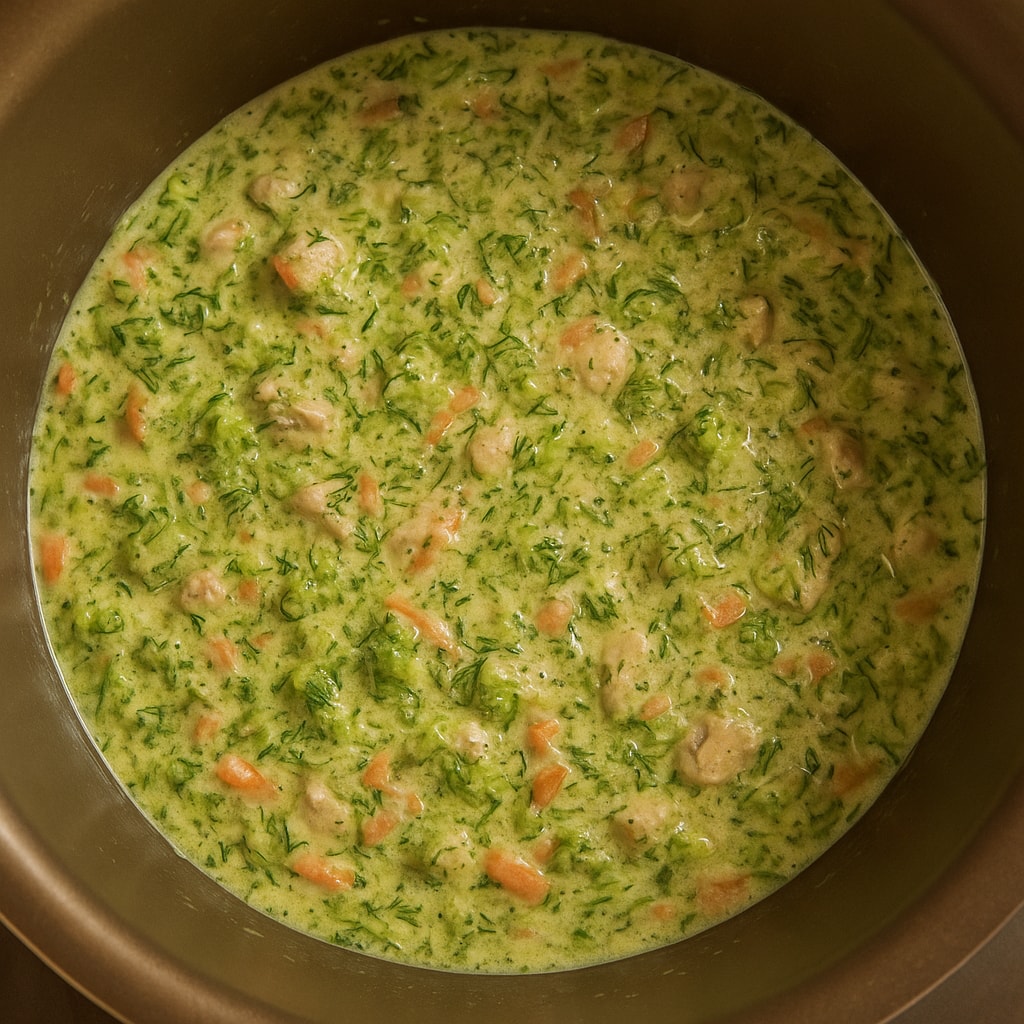 Курица с брокколи и морковью, тушеная в сливках