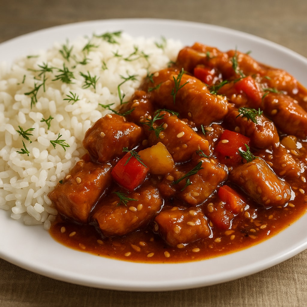 Индейка с овощами, кунжутом и соусом терияки