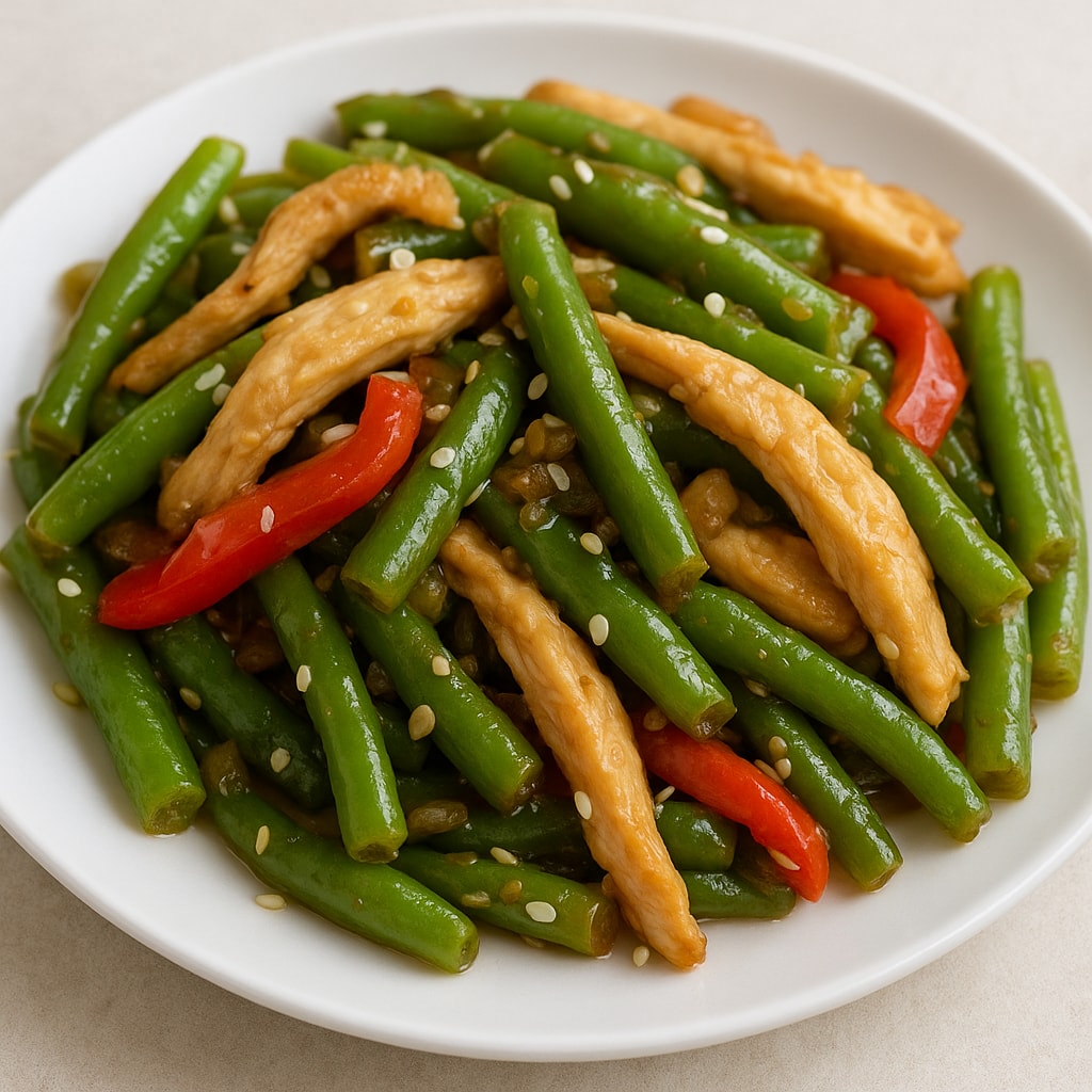 Теплый салат с курицей и стручковой фасолью