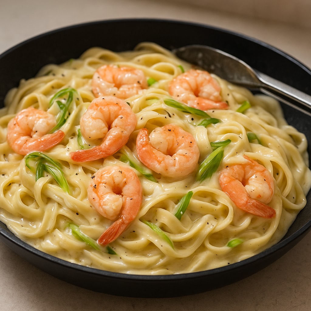 Паста со сметанно-сырным соусом и морепродуктами