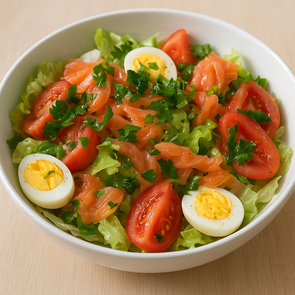 Салат с перепелиными яйцами, семгой и томатами черри
