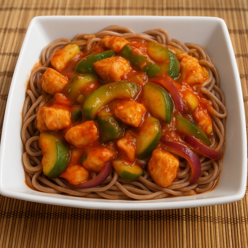 Жареная курица с зеленым перцем, зеленым луком и лапшой соба в соусе чили