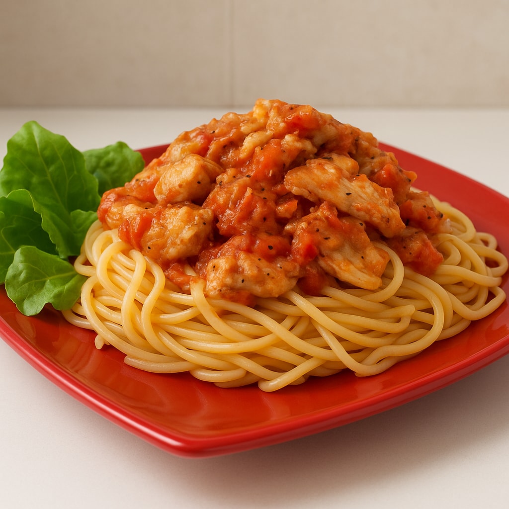 Паста с помидорами и курицей