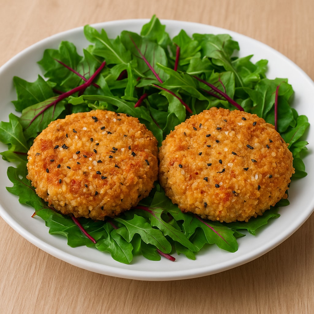 Бургеры из моркови, подсолнечных семян и кунжута с зеленым салатом и свеклой