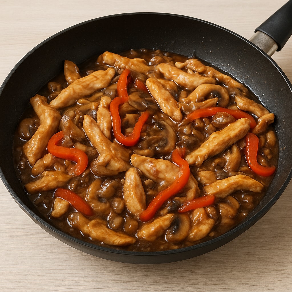 Стир фрай из курицы с грибами и сладким перцем