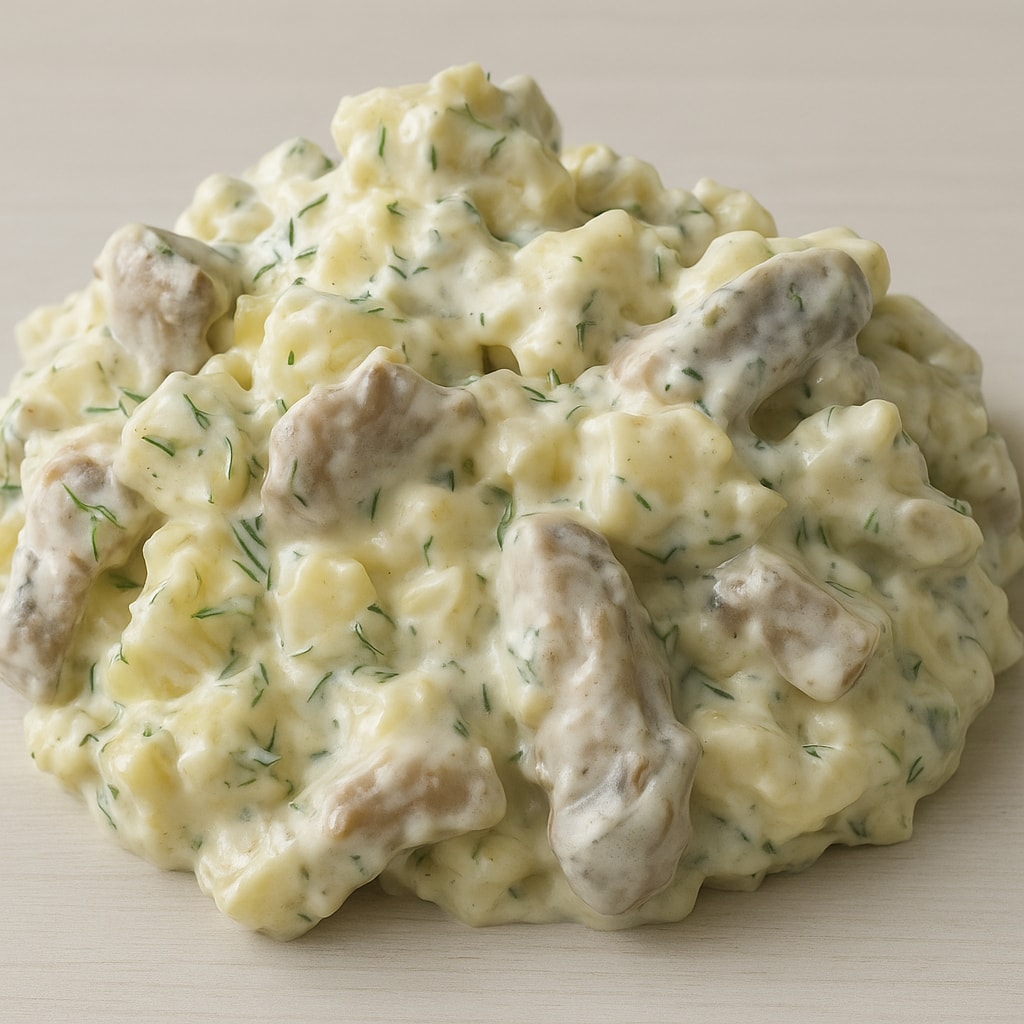 Сырный салат с сухариками и солеными огурцами