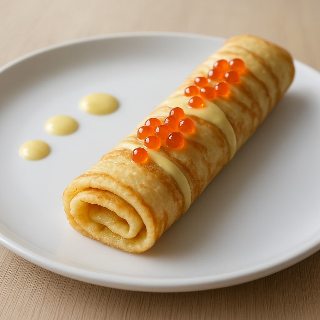 Ржаные блинчики с соусом из зеленого лука, кинзы, сметаны и красной икры
