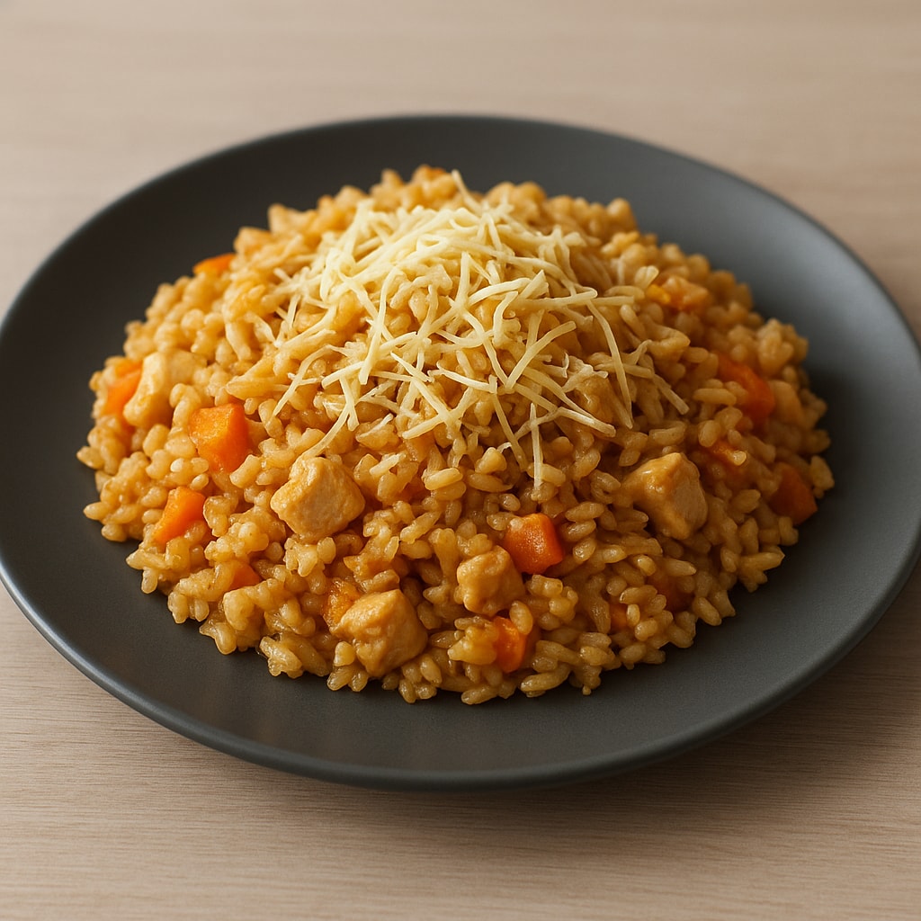 Ризотто с курицей, овощами и пармезаном
