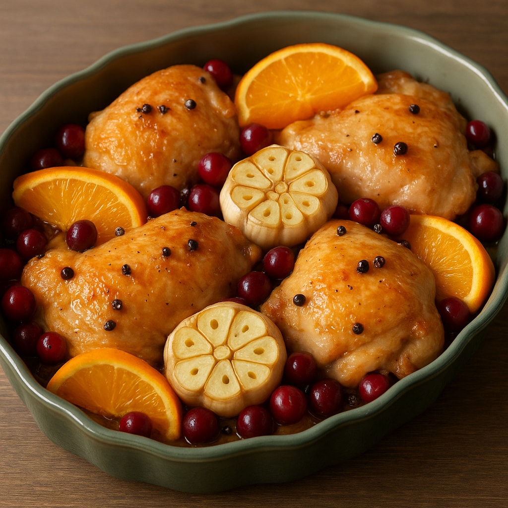 Куриные бедрышки, запеченные с апельсином, клюквой и чесноком