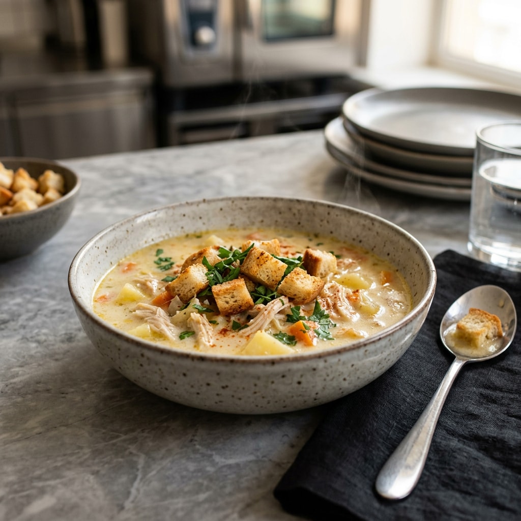 Сырный суп с курицей и гренками