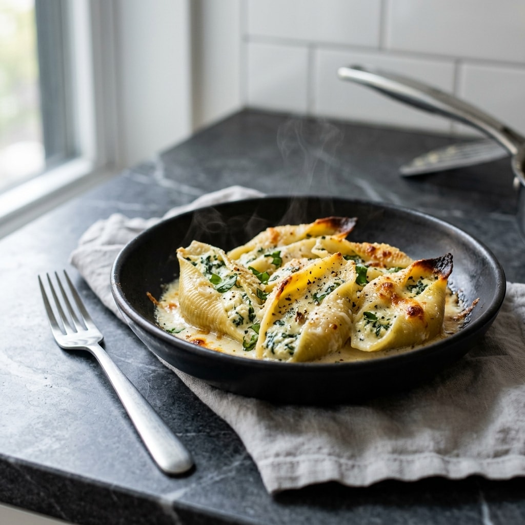 Запечённые ракушки с творожным сыром и сливками