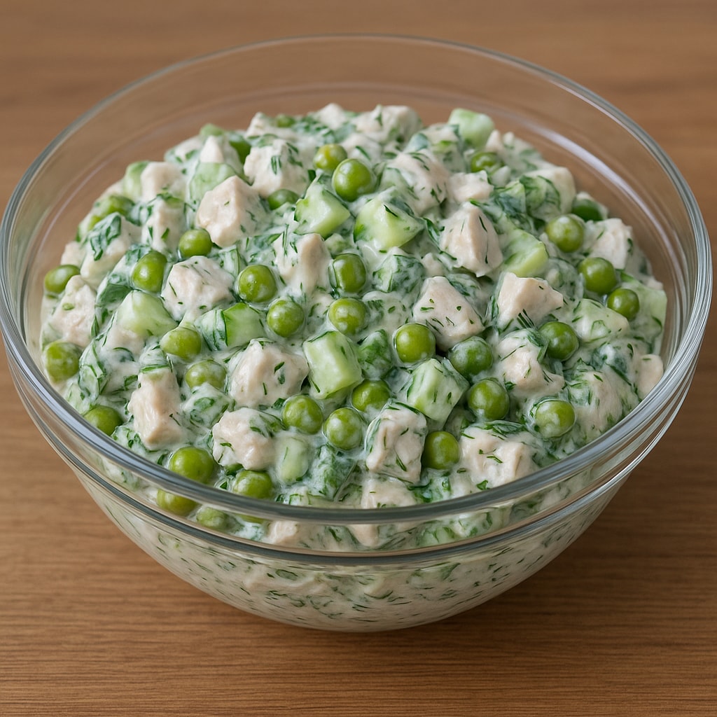 Легкий салат с курицей и горошком