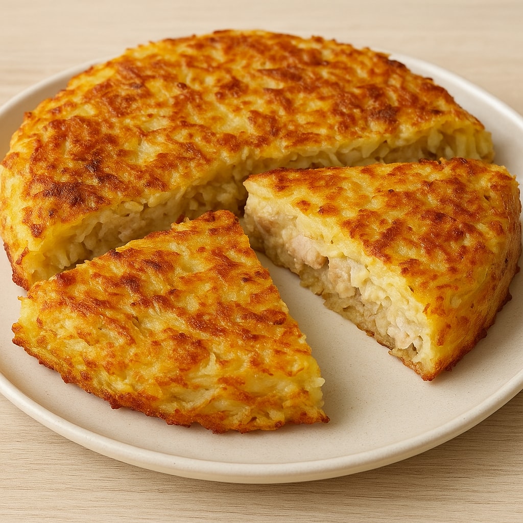 Картофельный пирог с курицей и сыром на сковороде