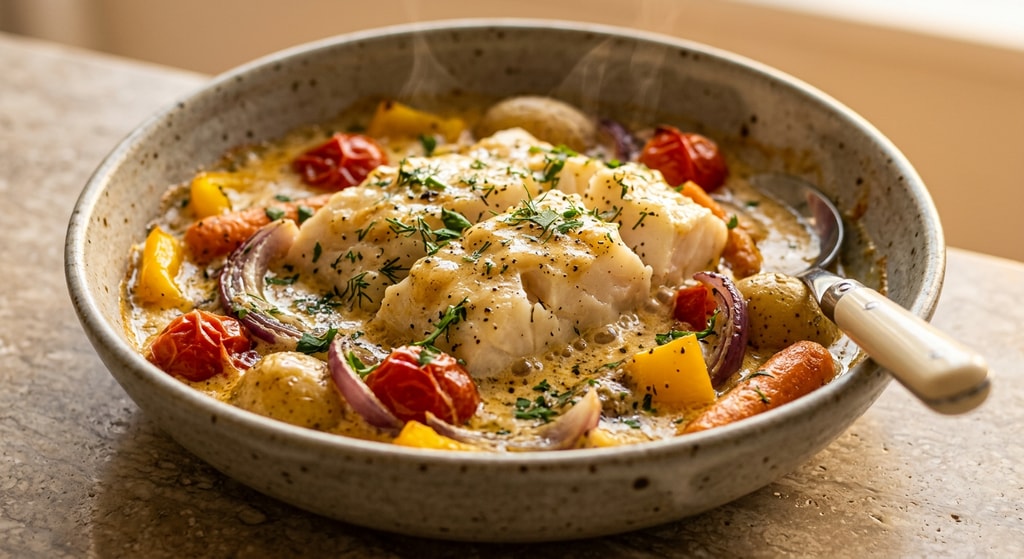 Треска, запеченная с овощами в сливочном соусе