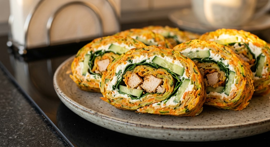 Овощной рулет с курицей и творожным сыром