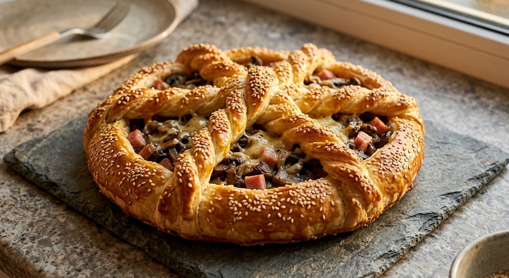 Пирог с ветчиной, шампиньонами и сыром