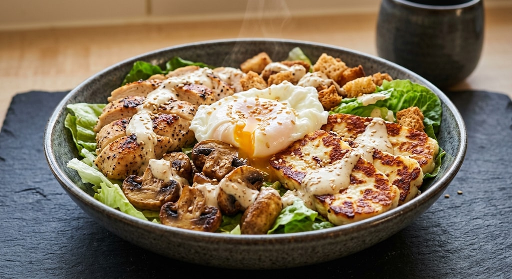 Боул с курицей, грибами и сыром халлуми