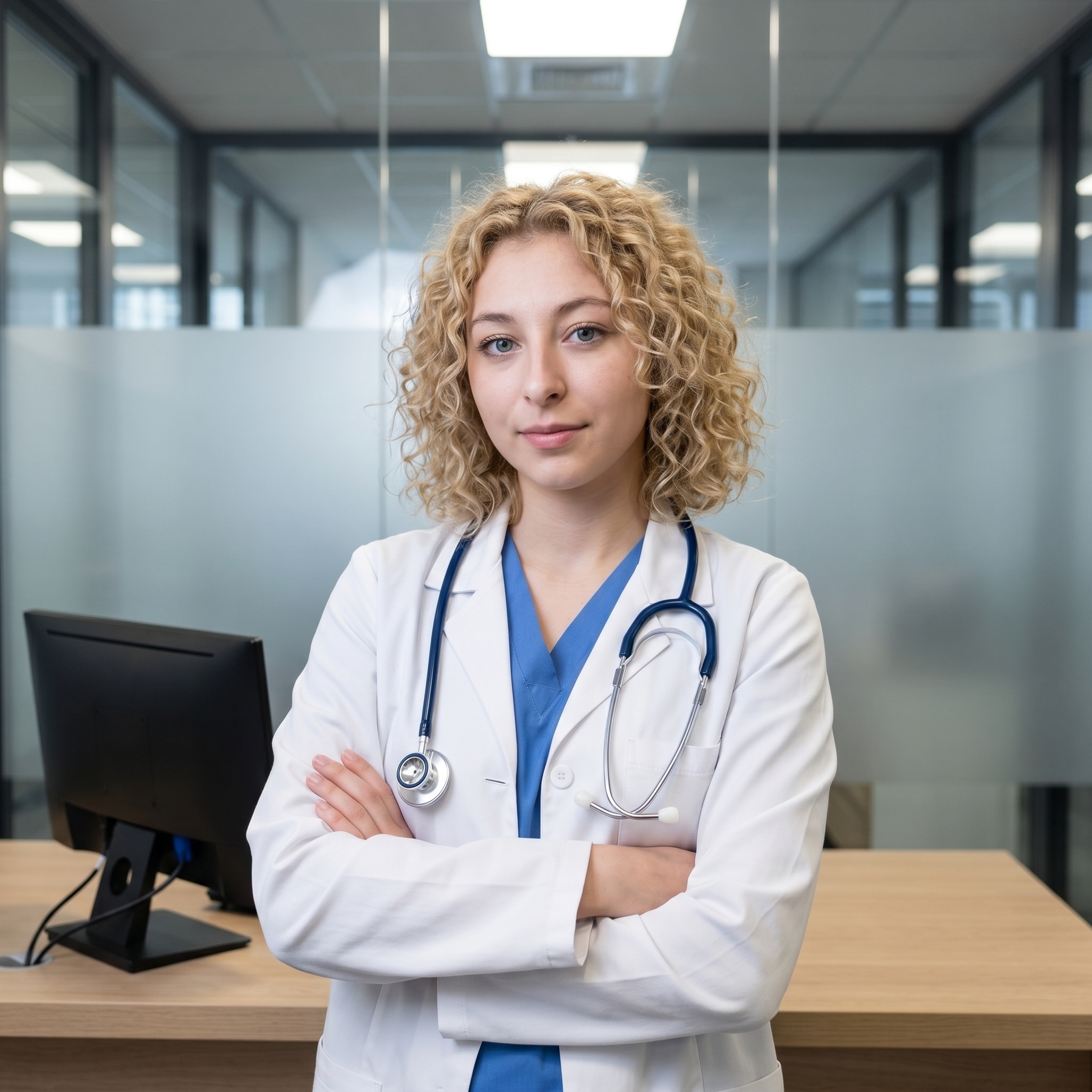 {"metadata":{"style":"Professional Corporate Portrait","mood":"Authoritative, Trustworthy, Clinical","color_palette":["#FFFFFF","#3A5BA0","#D2B48C","#E8E8E8","#1A1A1A"],"lighting_physics":"Broad, diffused overhead illumination combined with soft frontal ambient light. Light creates minimal specular highlights on the skin and hair. Soft-edged occlusion shadows are present under the chin and within the fabric folds of the coat. The light wrap on the hair highlights individual curl definition without blowing out highlights."},"objects":[{"item":"Stethoscope","material":"Navy blue synthetic rubber tubing, polished chrome-plated binaurals and chest piece, white plastic ear tips.","spatial_data":"Draped symmetrically around the neck of the person, resting on the chest area over the lab coat."},{"item":"Computer Monitor","material":"Matte black screen, white plastic bezel and stand.","spatial_data":"Positioned in the mid-ground on the left side, angled 30 degrees toward the center."},{"item":"Office Desk","material":"Laminated wood with horizontal grain pattern, light oak finish.","spatial_data":"Spans the lower third of the frame, supporting the monitor and providing a horizontal baseline behind the person."}],"people":[{"gender":"Female","physical_traits":"Estimated age 40-50, fair skin with visible subsurface scattering, light blue eyes, dense blonde hair in tight natural curls/ringlets. Neutral professional grooming.","apparel":[{"piece":"Medical Lab Coat","material":"Heavyweight white cotton-poly twill with visible weave.","fit":"Professional tailored fit, open front, lapels folded flat."},{"piece":"Scrub Top","material":"Medium blue cotton-synthetic blend, matte finish.","fit":"V-neck construction, layered under the lab coat."}],"pose":"Upper body facing forward with a slight 10-degree turn to the left. Arms are crossed firmly at the mid-torso; left hand is visible resting on the right bicep. Gaze is direct and level with the lens.","profile_data":{"profile_id":"96e143d9-25b8-46e4-8264-45196702f46a","age":18,"height_cm":159,"weight_kg":56,"body_type":"triangle","body_build":"average","breast_size":"A","eye_color":"brown"}}],"environment":{"backdrop":"Glass office partitions with aluminum framing. Upper section is clear glass, middle section has a frosted privacy film. Depth is indicated by the blurring of far-field office structures.","floor":"Not visible; frame terminates at the waistline/desk level.","atmosphere":"Clinical clarity, neutral color temperature, sharp micro-contrast on the subject with a gentle fall-off in the background."},"composition":{"framing":"Vertical Medium Shot, centered subject.","geometry":"Subject forms a solid vertical column contrasted by the strong horizontal lines of the desk and glass partition frames.","depth_of_field":"Simulated f/2.8 on a 50mm lens. The subject's facial features and the front of the lab coat are in sharp focus, while the monitor and background partitions exhibit progressive Gaussian blur.","focal_point":"The eyes and facial expression of the subject."},"symbolism_and_story":{"narrative":"A medical professional in her primary workspace, projecting expertise and approachability through a confident, closed-arm stance and a micro-smile.","textures":"Tactile contrast between the wiry, chaotic texture of the hair curls and the flat, pressed texture of the starched lab coat."},"critical_generation_note":"CRITICAL: Use uploaded reference image to preserve exact face identity, facial features, and structure with 100% accuracy."}