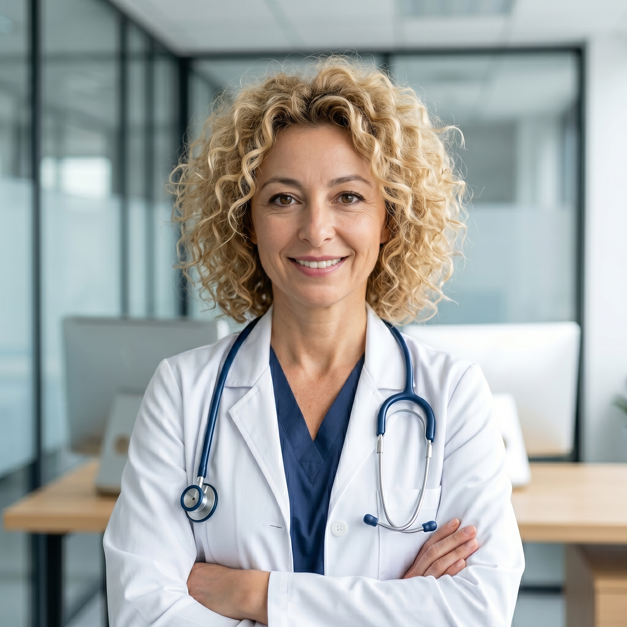 {"metadata":{"style":"Medical Editorial Portrait","mood":"Professional, Accessible, Trustworthy","color_palette":["#FFFFFF","#2B4C7E","#C2A385","#D9D9D9","#E8C1A0"],"lighting_physics":"Broad, high-key diffused illumination originating from a 45-degree frontal-superior angle. Soft-edged shadows are present under the chin and nose. Even light distribution across the face preserves skin texture with minimal specular highlights, except for small catchlights in the corneas."},"objects":[{"item":"Stethoscope","material":"Brushed stainless steel chest piece and binaurals; navy blue matte silicone tubing.","spatial_data":"Draped symmetrically over the shoulders, terminating at the mid-chest level."},{"item":"Desktop Monitor","material":"Matte black display panel with a silver-finished plastic bezel.","spatial_data":"Positioned on the desk in the mid-ground, left of the subject's right shoulder."},{"item":"Office Desk","material":"Light oak veneer with a horizontal linear grain pattern.","spatial_data":"Horizontal plane situated behind the subject at waist height, spanning the width of the frame."}],"people":[{"gender":"Female","physical_traits":"Middle-aged; high-volume, tightly curled blonde hair (3C texture); blue-grey irises; fair skin with visible natural pores and fine lines; light-colored eyebrows.","apparel":[{"piece":"Lab Coat","material":"Heavyweight cotton-polyester twill.","fit":"Tailored fit, button-down front, worn open over scrubs."},{"piece":"Medical Scrubs","material":"Lightweight poplin weave.","fit":"V-neck construction, layered beneath the lab coat."}],"pose":"Upper body turned slightly to the right, head facing forward. Arms are folded across the chest, right arm over left. Neutral to slightly smiling facial expression with direct eye contact.","profile_data":{"profile_id":"96e143d9-25b8-46e4-8264-45196702f46a","age":18,"height_cm":159,"weight_kg":56,"body_type":"triangle","body_build":"average","breast_size":"A","eye_color":"brown"}}],"environment":{"backdrop":"Modern office interior featuring floor-to-ceiling tempered glass partitions with aluminum frames; blurred background elements suggest a corridor or clinical area.","floor":"Not visible; frame terminates at the lower torso.","atmosphere":"Clean, sterile, and clear with high visual fidelity and low ISO noise."},"composition":{"framing":"Medium Shot, vertical 9:16 aspect ratio.","geometry":"Centered subject composition; vertical lines from glass partitions and horizontal lines from the desk create a grid-like structure.","depth_of_field":"Shallow depth of field (simulated f/2.8), with the focal plane sharply on the subject's facial features and a gradual falloff toward the background.","focal_point":"The subject's eyes and facial midline."},"symbolism_and_story":{"narrative":"A confident healthcare professional in a contemporary clinical setting, representing expertise and empathetic care.","textures":"Contrast between the fine, chaotic texture of curly hair and the smooth, structured lines of the starched lab coat."},"critical_generation_note":"CRITICAL: Use uploaded reference image to preserve exact face identity, facial features, and structure with 100% accuracy."}