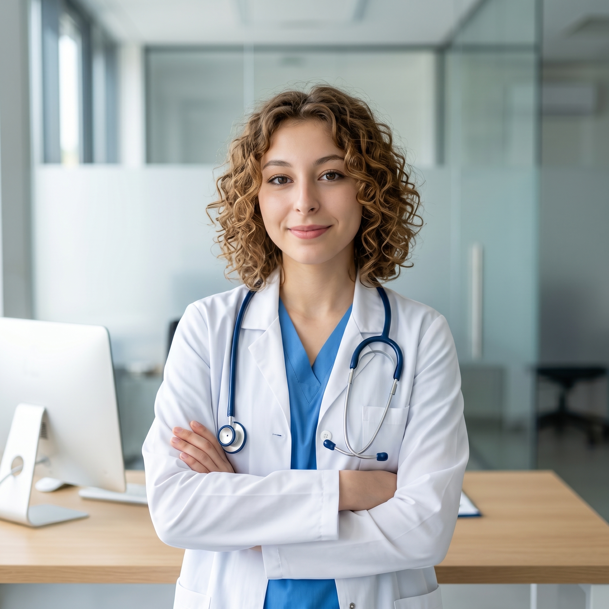{"metadata":{"style":"Professional Medical Portrait","mood":"Clinical, Authoritative, Approachable","color_palette":["#FFFFFF","#3E67A3","#D4B89A","#E8E8E8","#1A1A1A"],"lighting_physics":"Broad, diffused high-key illumination originating from a 45-degree angle to the left of the camera. The light wraps softly around the subject's features with low-contrast shadows. Specular highlights are present in the ocular corneas (catchlights) and on the metallic surfaces of the stethoscope. Overhead ambient light creates a subtle rim effect on the superior curvature of the hair."},"objects":[{"item":"Stethoscope","material":"High-density navy blue PVC tubing with polished stainless steel binaural and chest piece.","spatial_data":"Draped symmetrically around the neck, resting over the lapels of the white coat."},{"item":"Computer Monitor","material":"Matte black liquid crystal display with a semi-gloss white polymer bezel.","spatial_data":"Positioned in the mid-ground, left-of-center, angled 30 degrees away from the subject."},{"item":"Consultation Desk","material":"Light oak wood grain laminate with a matte finish.","spatial_data":"Forms a horizontal base in the lower third of the frame, receding into the background on the left."}],"people":[{"gender":"Female","physical_traits":"Estimated age 40-45; tight blonde ringlet curls (Type 3B texture); fair skin with visible micro-texture and subsurface scattering; light green/blue irises; neutral professional grooming.","apparel":[{"piece":"Lab Coat","material":"Stiff cotton-poly heavy twill; bright white.","fit":"Tailored fit, structured shoulders, notched lapels."},{"piece":"Medical Scrubs","material":"Soft synthetic-cotton blend; cerulean blue.","fit":"Standard V-neck medical utility top worn beneath the coat."}],"pose":"Upper body angled 15 degrees from the camera; arms crossed firmly at the mid-torso; head turned to face camera directly; closed-mouth slight smile; direct ocular engagement.","profile_data":{"profile_id":"96e143d9-25b8-46e4-8264-45196702f46a","age":18,"height_cm":159,"weight_kg":56,"breast_size":"A","eye_color":"brown"}}],"environment":{"backdrop":"Modern office interior; transparent glass partitions with vertical brushed aluminum framing; out-of-focus office furniture in the distant background.","floor":"Not visible, but implied flat industrial surface.","atmosphere":"Clean, high-clarity air with no visible particulate; neutral temperature (approx. 5500K)."},"composition":{"framing":"Medium Shot (Waist-up); Vertical 9:16 orientation.","geometry":"Vertical lines of the glass partitions provide structural rhythm; the subject forms a central vertical pillar; the desk creates a leading diagonal from bottom left.","depth_of_field":"Shallow depth of field (f/2.8 simulation); sharp focus on the subject's facial features with gradual falloff starting at the shoulders.","focal_point":"The eyes of the subject, emphasized by the high micro-contrast of the curly hair framing the face."},"symbolism_and_story":{"narrative":"A seasoned medical professional in her workspace, conveying readiness and expertise.","textures":"Contrast between the chaotic, organic texture of the blonde curls and the smooth, sterile, geometric lines of the white coat and glass environment."},"critical_generation_note":"CRITICAL: Use uploaded reference image to preserve exact face identity, facial features, and structure with 100% accuracy."}
